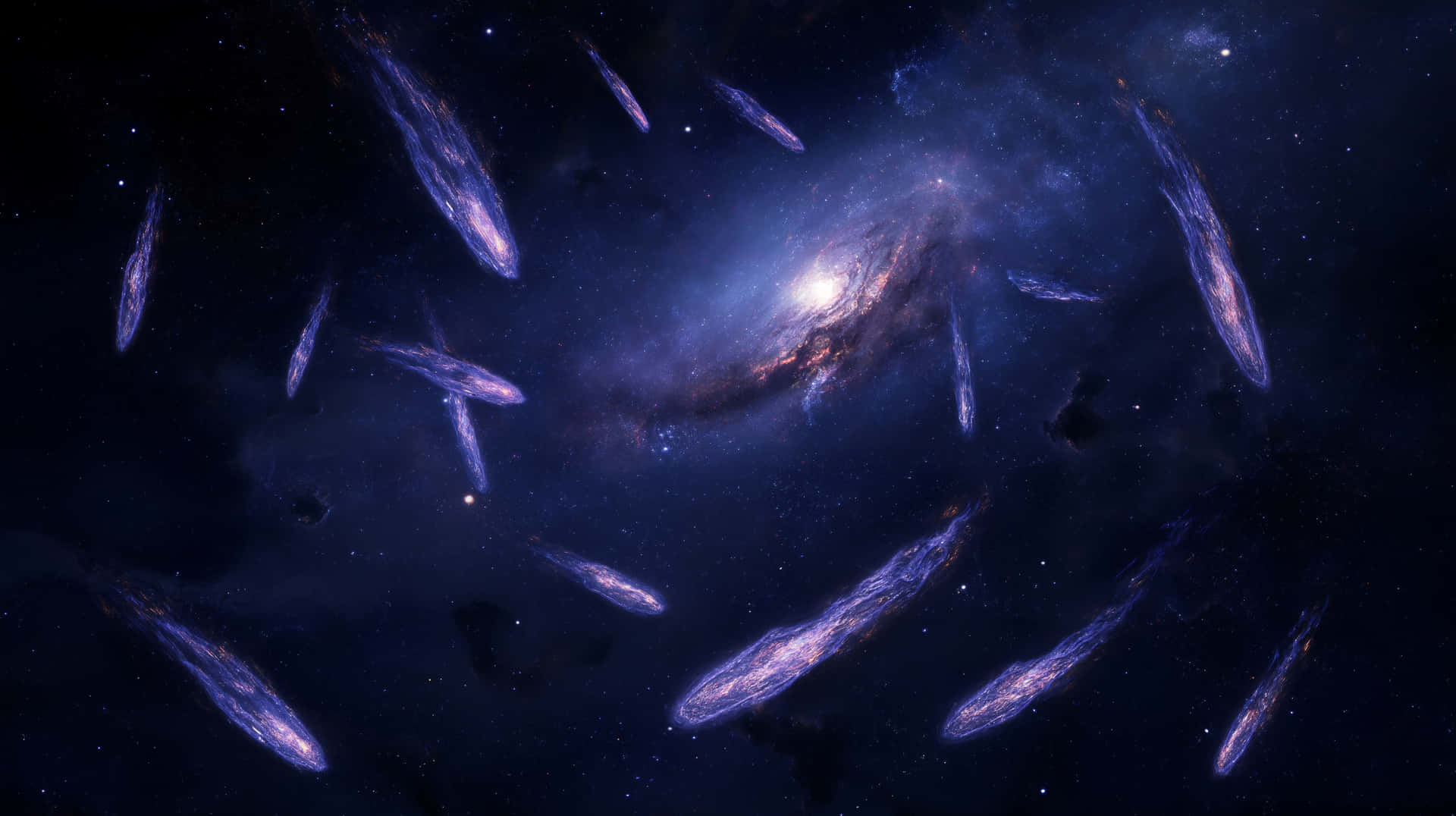 一個螺旋星系在深空中散發著紫色和藍色光芒，周圍環繞著細長的星雲。