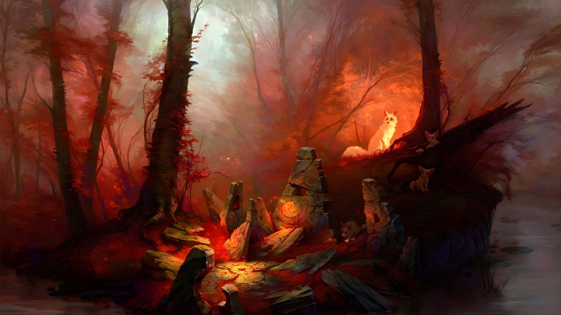  壁紙 — 一片神秘的森林閃耀著火紅色的光芒，一隻白狐坐在沐浴在溫暖光線中的古老廢墟上。