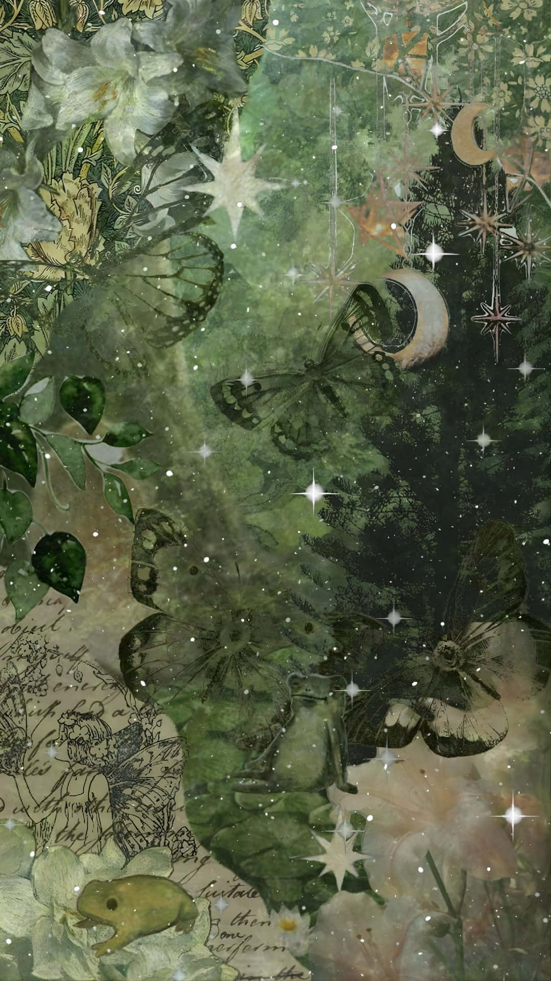  壁紙 — 一個神秘的綠色森林場景，有發光的星星、新月和蝴蝶在樹葉和手寫文字之間漂浮。