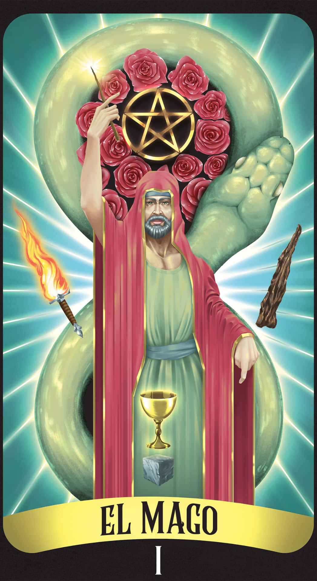  壁紙 — 一位名為 El Mago 的神秘塔羅人物閃耀地站立，手持魔杖和聖杯，被玫瑰和發光的光芒環繞。