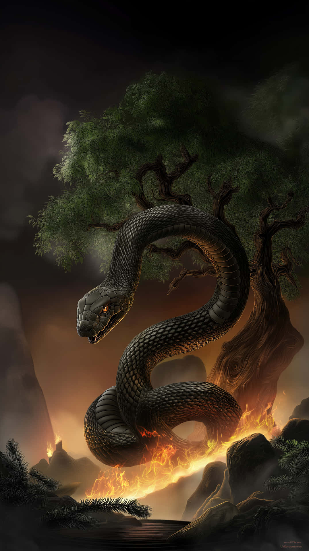 Mythical Serpent with Glowing Eyes Amidst Fiery Terrain 壁紙 — 一條巨大的黑蛇纏繞著一棵多節的樹，火焰從下方噴發，在黑暗的神秘森林中。