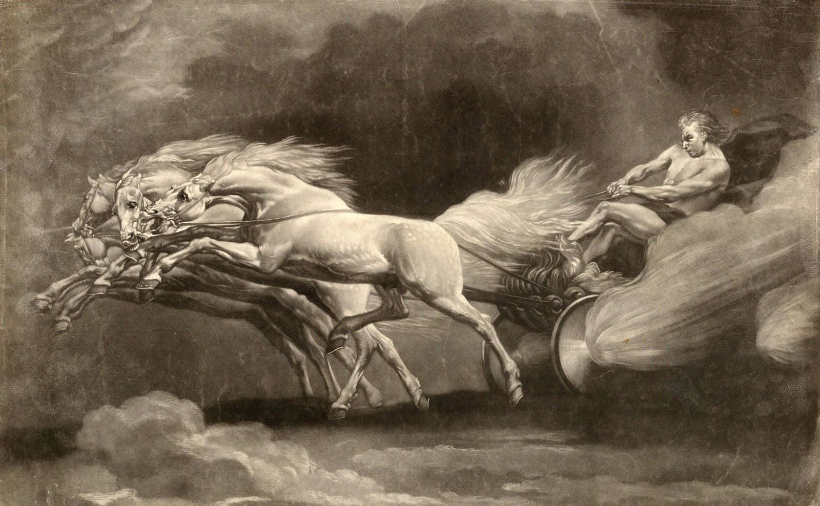 一位神駕駛著由四匹馬拉著的戰車穿過暴風雲層。