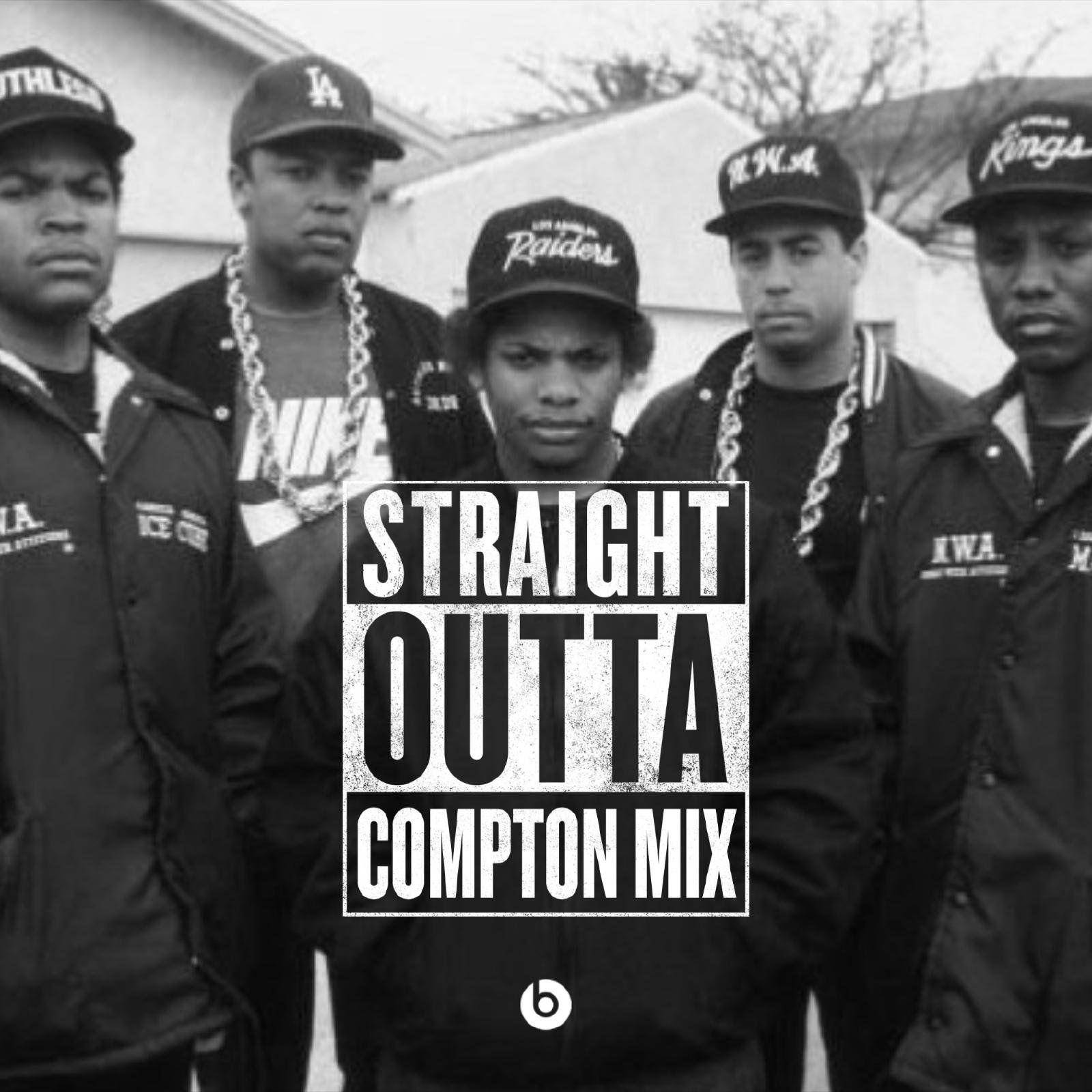 N.W.A.《Straight Outta Compton》混音專輯海報 壁紙 — 五個戴帽子和穿外套的男人在粗糙的黑白照片中莊嚴地站立，帶有「Straight Outta Compton Mix」文字疊加。