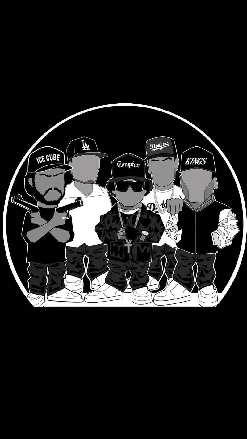 N.W.A.嘻哈樂團卡通風格向量藝術 壁紙 — 五個風格化的嘻哈人物圍成一個圓圈，戴著帽子，穿著街頭服飾，帶有醒目的標誌和配飾。