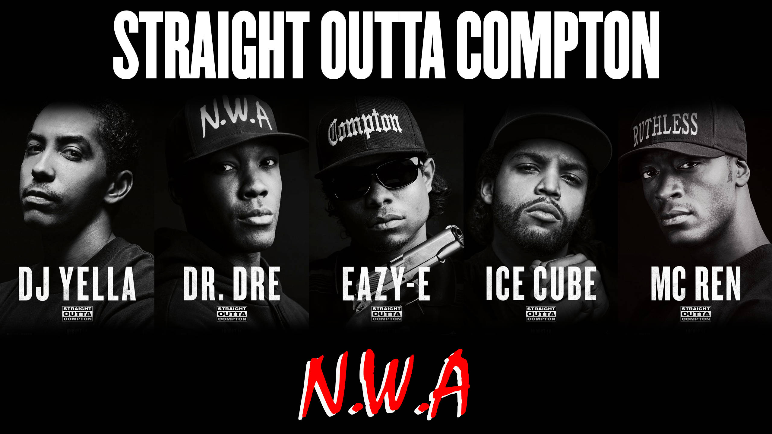 N.W.A.團體成員海報 壁紙 — N.W.A 成員 DJ Yella、Dr Dre、Eazy E、Ice Cube 和 MC Ren 的黑白肖像，配有粗體文字和紅色標誌。