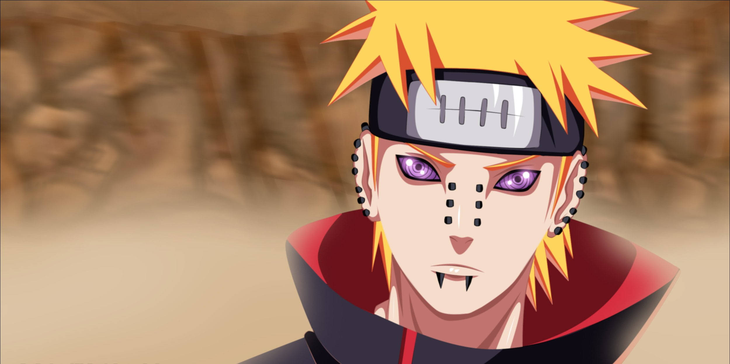 驚艷的 Nagato 圖形藝術 壁紙 — 動漫角色，金色尖刺頭髮，紫色眼睛，黑色斗篷，站在沙漠般的背景中。