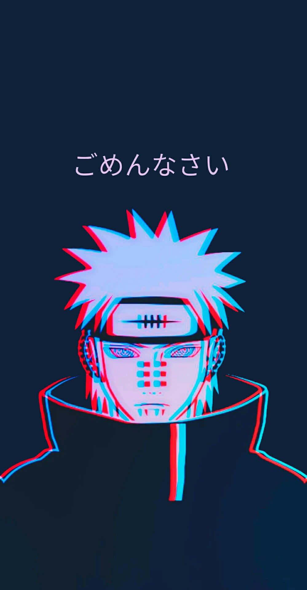 故障藝術 Nagato 火影忍者風格手機壁紙 壁紙 — 動漫角色，白色尖刺頭髮，在深色背景上呈現紅藍立體3D效果。