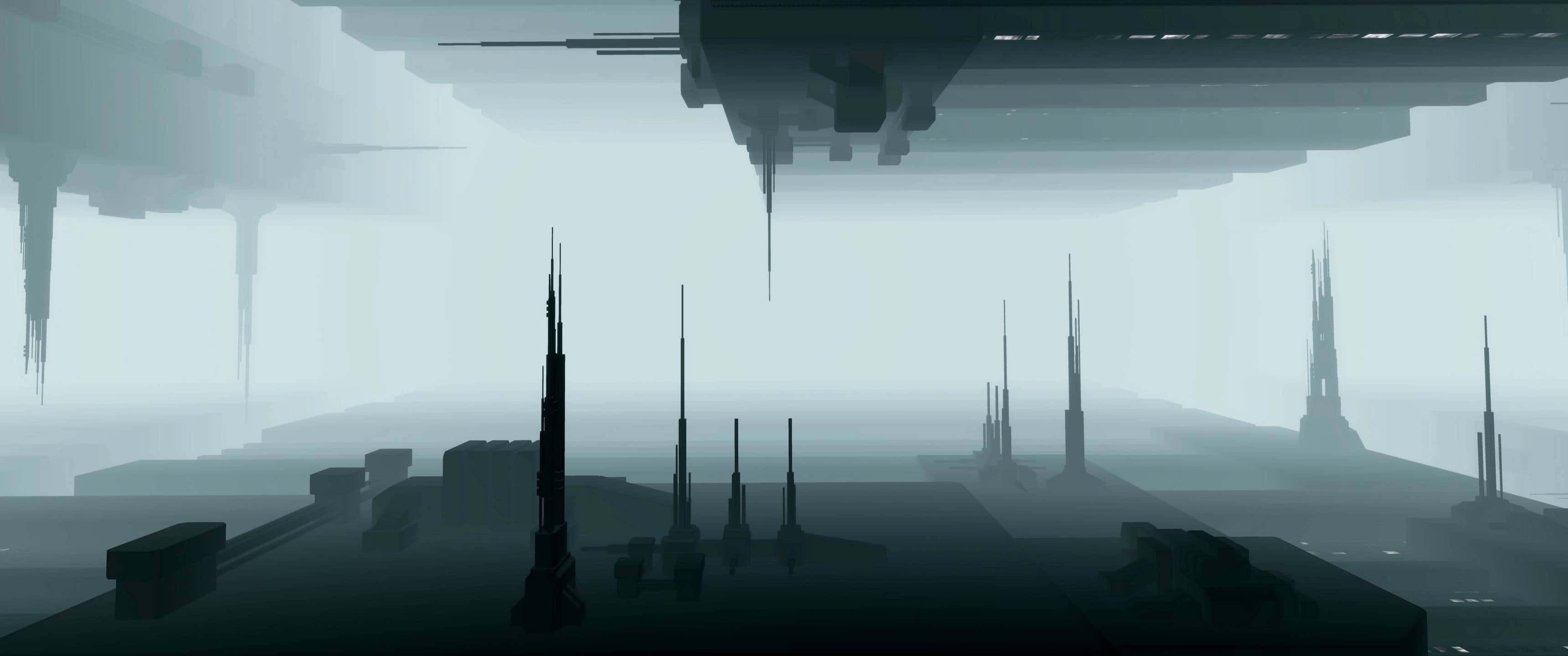 NaissanceE 遊戲 3440x1440p 背景 壁紙 — 一個霧氣瀰漫的未來城市景觀，高聳的尖塔和漂浮結構在朦朧的天空下。