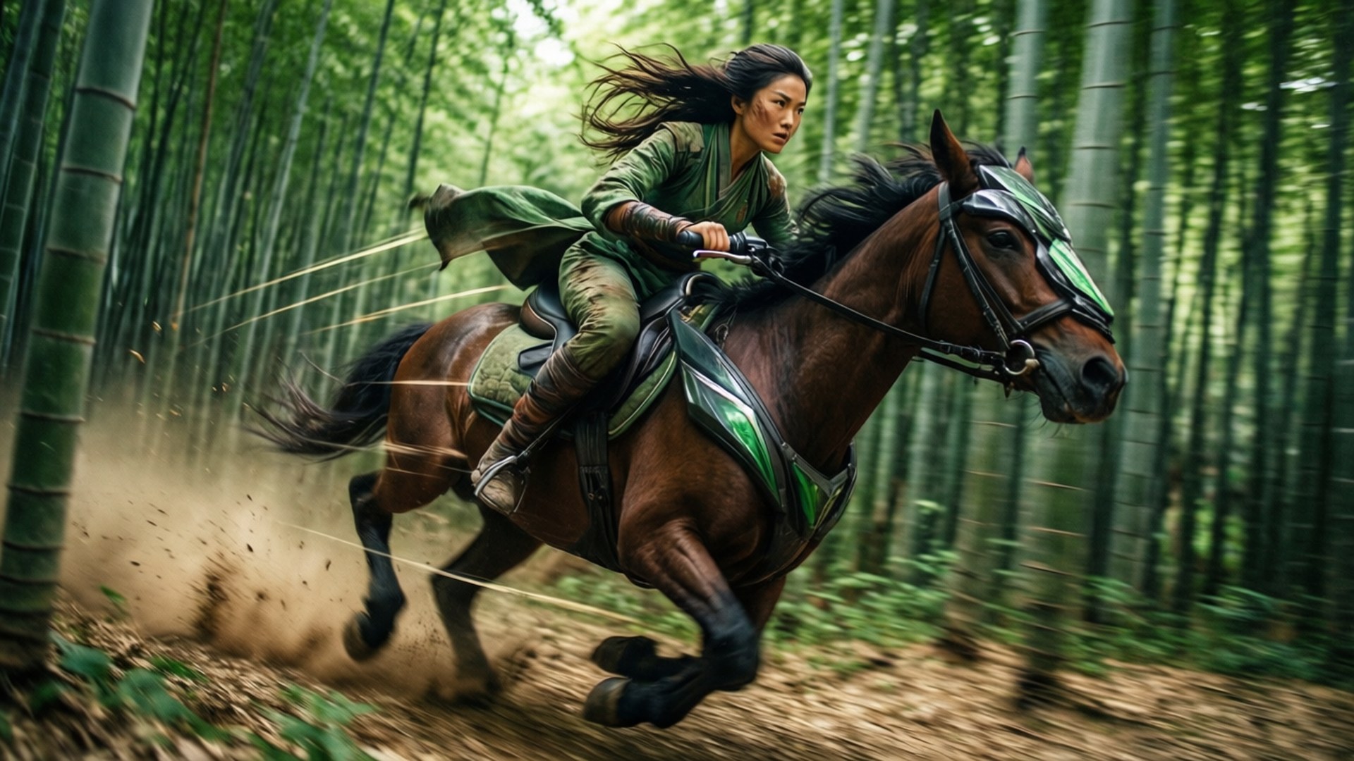 一名身穿綠色盔甲的女子騎著棕色馬匹高速穿過竹林。