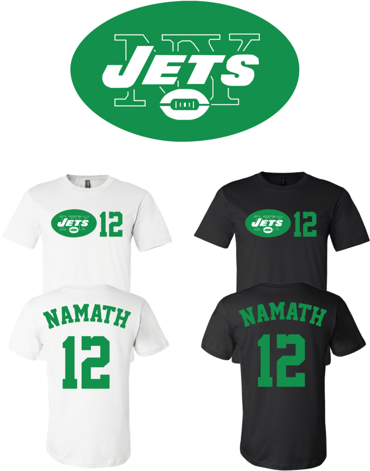 紐約噴氣機隊Namath12 T恤系列 壁紙 — 四件紐約噴射機球衣，印有Namath 12號，白色和黑色配綠色標誌，黑色背景。