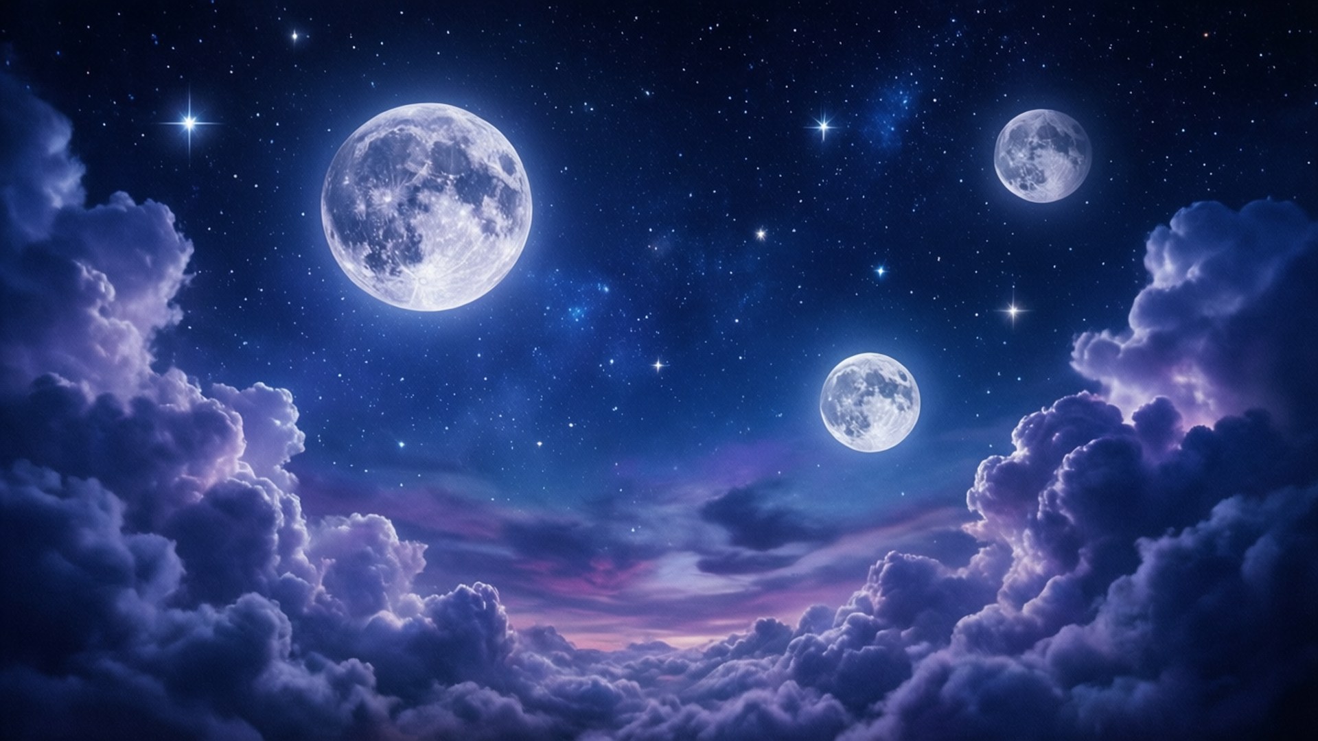 三顆月亮在星空下照耀在紫色雲海之上。