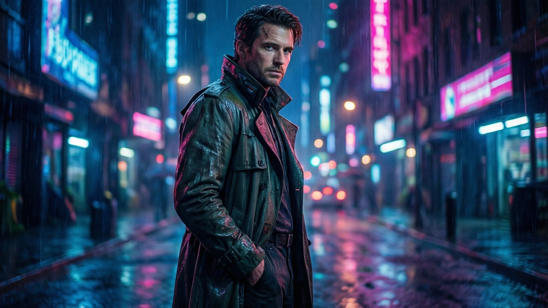 Callan Mcauliffe 桌布 壁紙 — 一個穿著濕透雨衣的男人獨自站在夜晚霓虹燈閃爍的城市街道上，反射著發光招牌的鮮豔光芒。