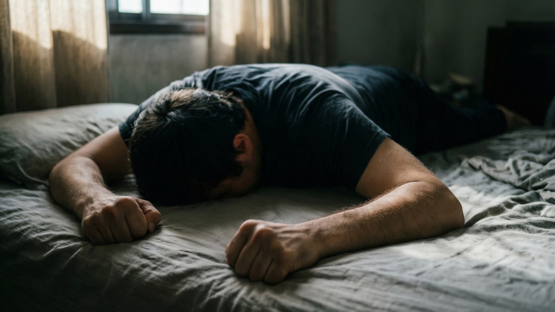 Anguish 桌布 壁紙 — 一個男人臉朝下躺在凌亂的床上，房間昏暗，陽光透過窗簾照射進來。
