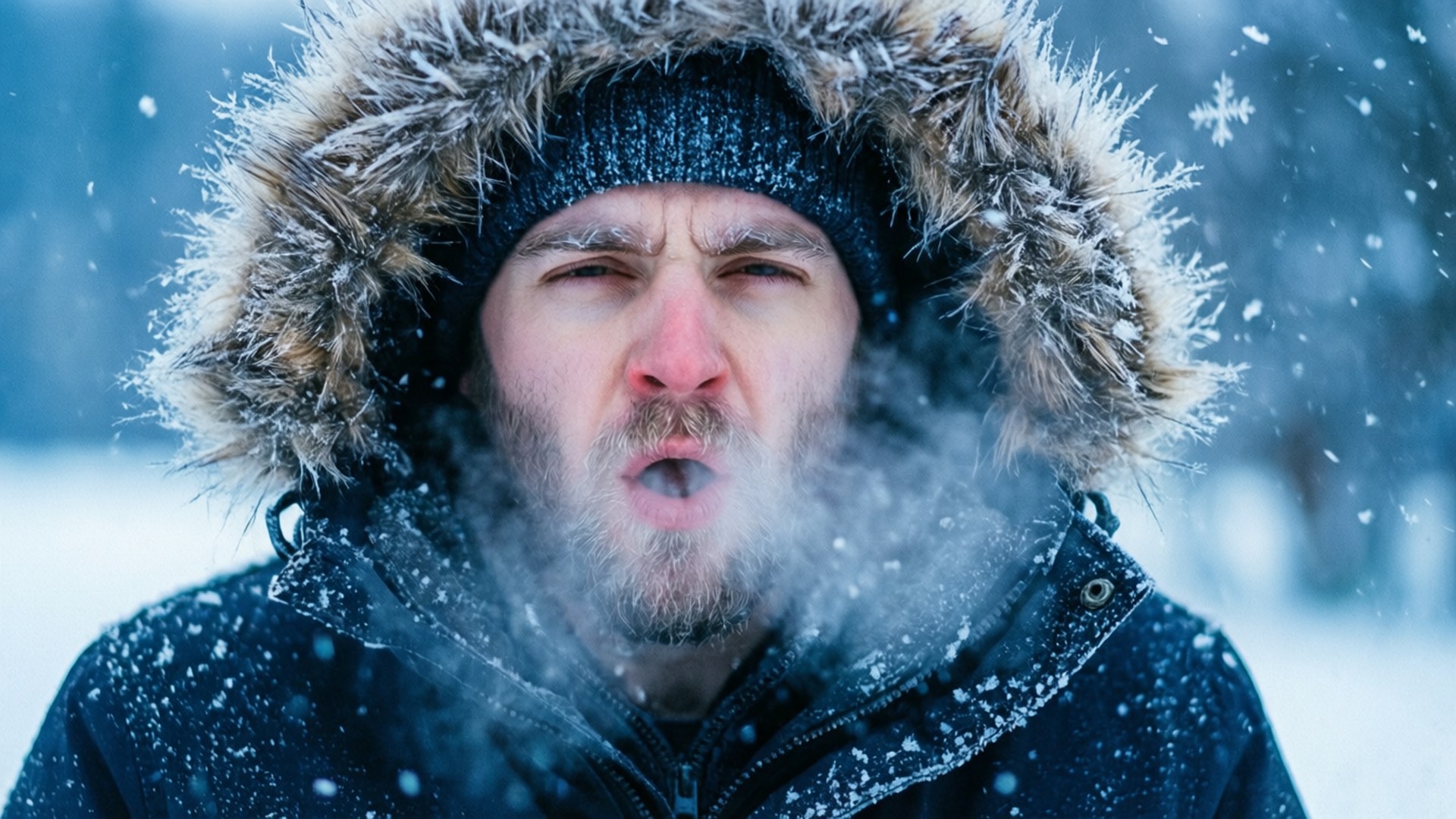 Sneeze 桌布 壁紙 — 一個男人在雪景中呼出可見的氣息，雪花在他周圍飄落。