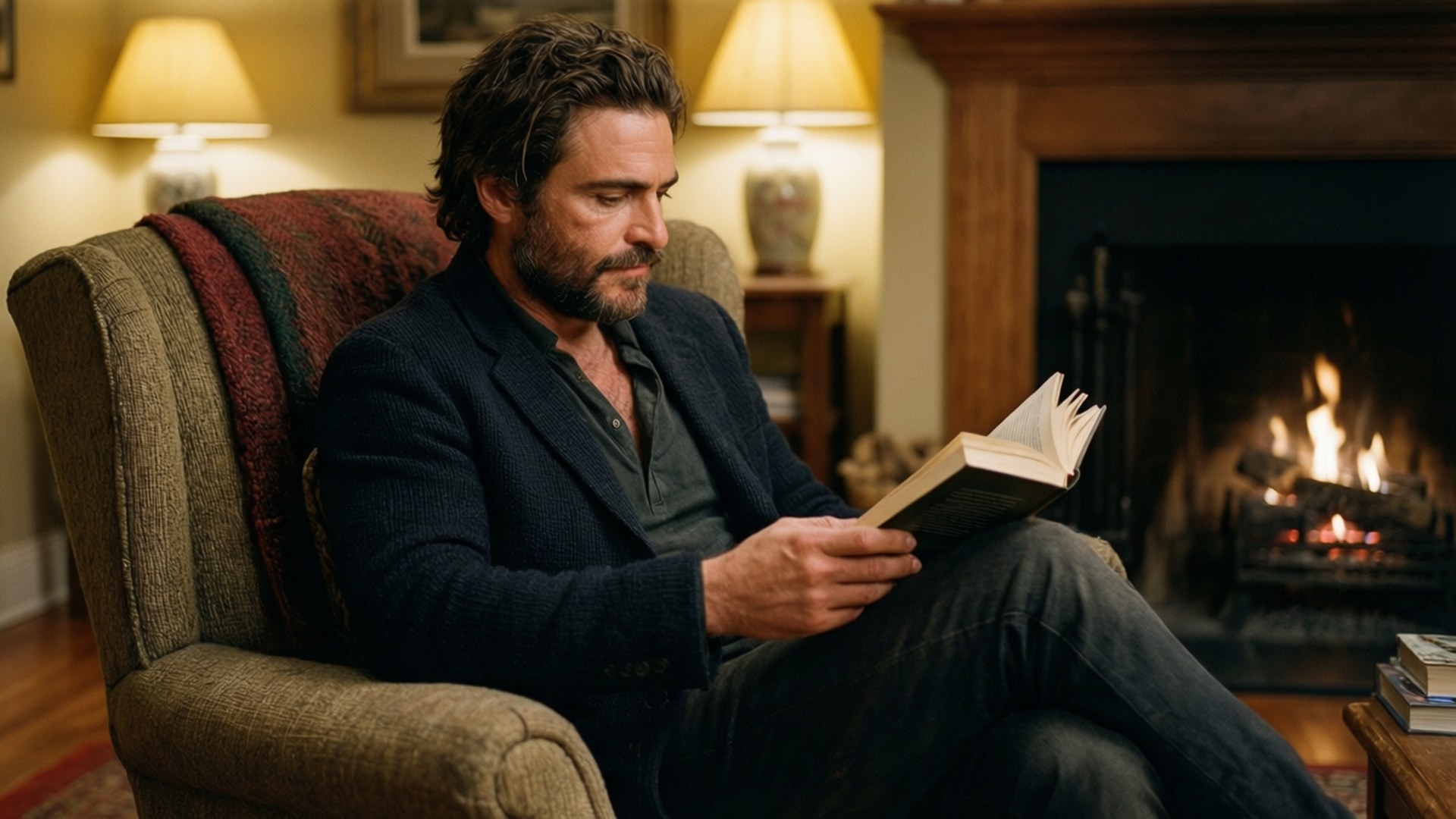 Cozy Reading 壁紙 — 一位留鬍鬚的男人坐在舒適的扶手椅上，在溫暖明亮的壁爐旁閱讀一本書，房間裡燈光溫馨。