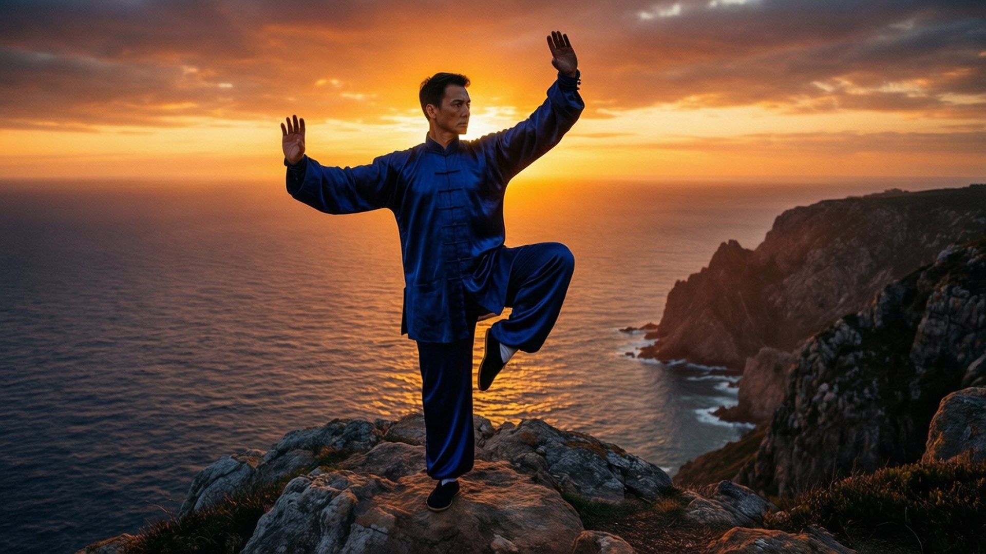 Bagua 桌布 壁紙 — 一名身穿藍色武術服的男人在日落時分於懸崖邊緣練習平衡姿勢，俯瞰海洋。
