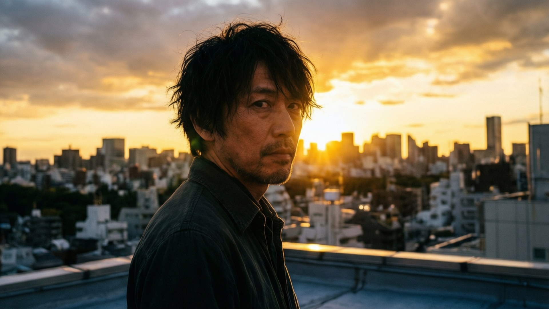 Shogo Itaya 桌布 壁紙 — 一個頭髮凌亂的男人在金色夕陽和戲劇性的雲彩下眺望城市天際線。