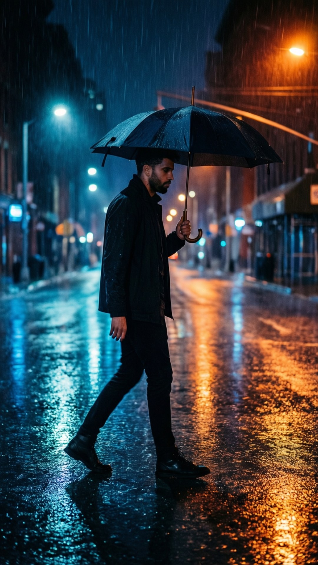 男人在雨中撐傘走在濕漉漉的城市街道上（夜間）