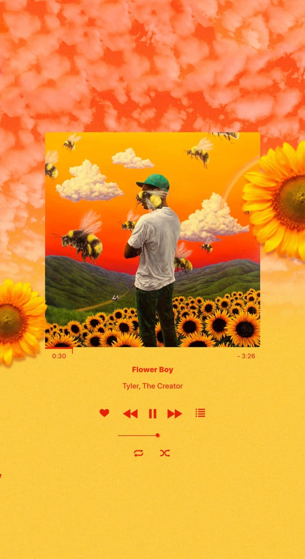  壁紙 — 一名戴綠色帽子的男人站在向日葵田裡，蜜蜂在他周圍飛舞，天空是火熱的橙色，有蓬鬆的雲朵。