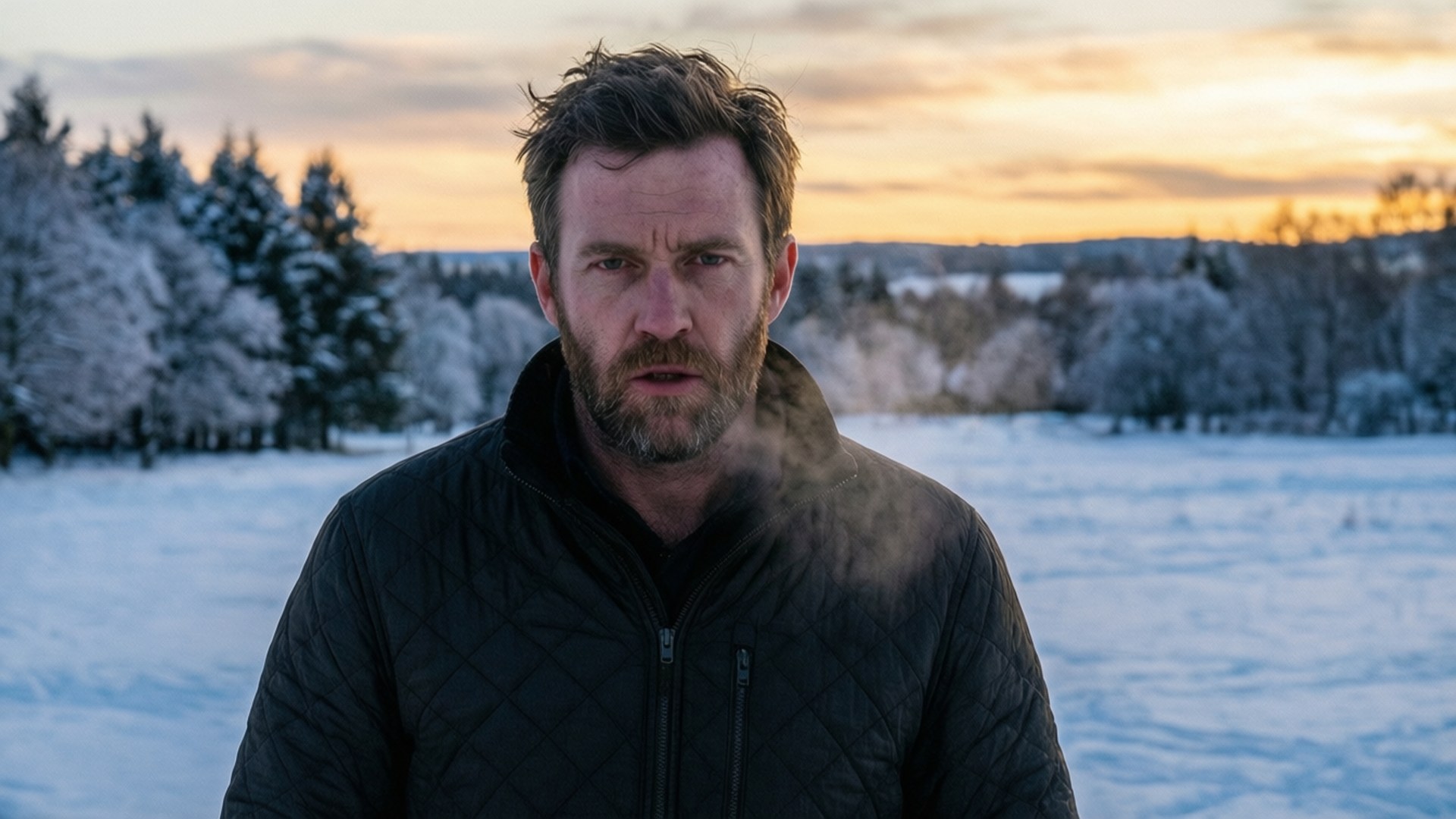 Graham Wardle 桌布 壁紙 — 一個留鬍鬚的男人站在日落時分的雪地上，身後是結霜的樹木。
