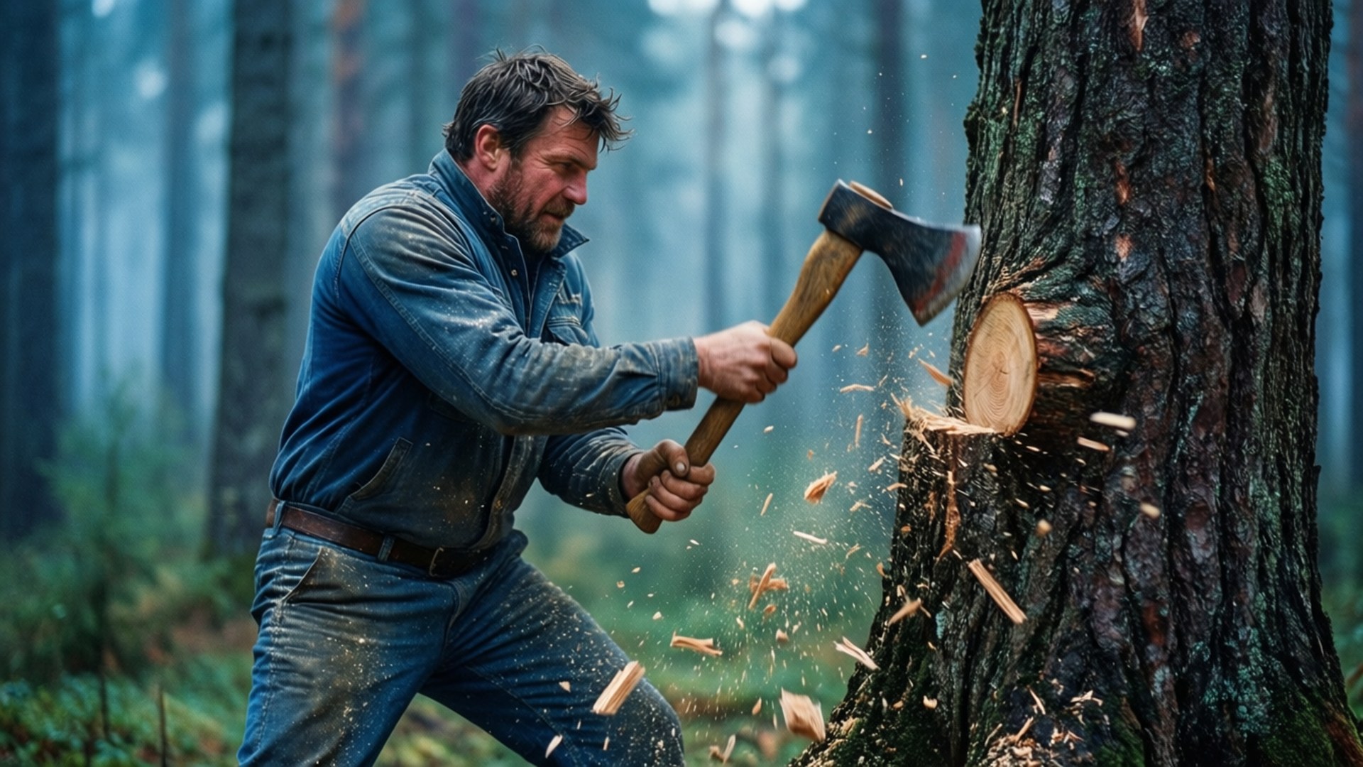 Lumberjack 桌布 壁紙 — 一名身穿藍色襯衫的男子在霧氣瀰漫的森林中，揮動斧頭砍向樹幹，木屑飛揚。