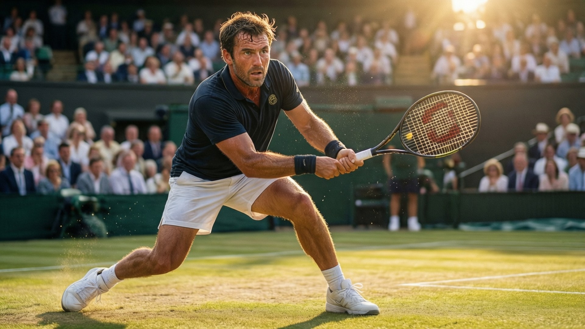 Wimbledon Power Serve 壁紙 — 一名男性網球選手在草地場上向前猛撲，夕陽在他身後落下，將金色光芒灑在他專注的表情和球拍上。