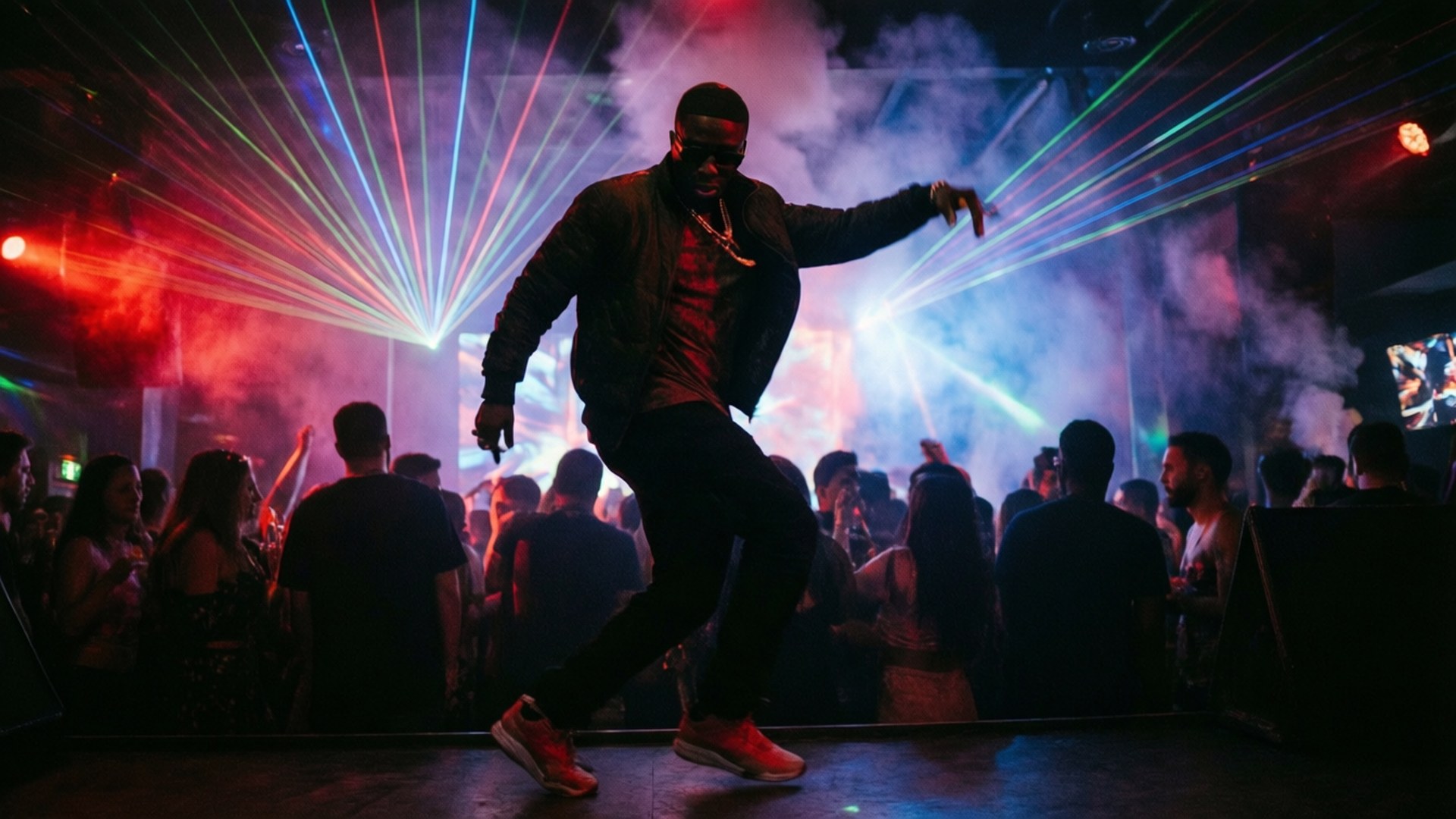 Club Vibe Usher 壁紙 — 一名男子在充滿煙霧和發光光束的擁擠夜店中，在充滿活力的激光燈光下充滿活力地跳舞。