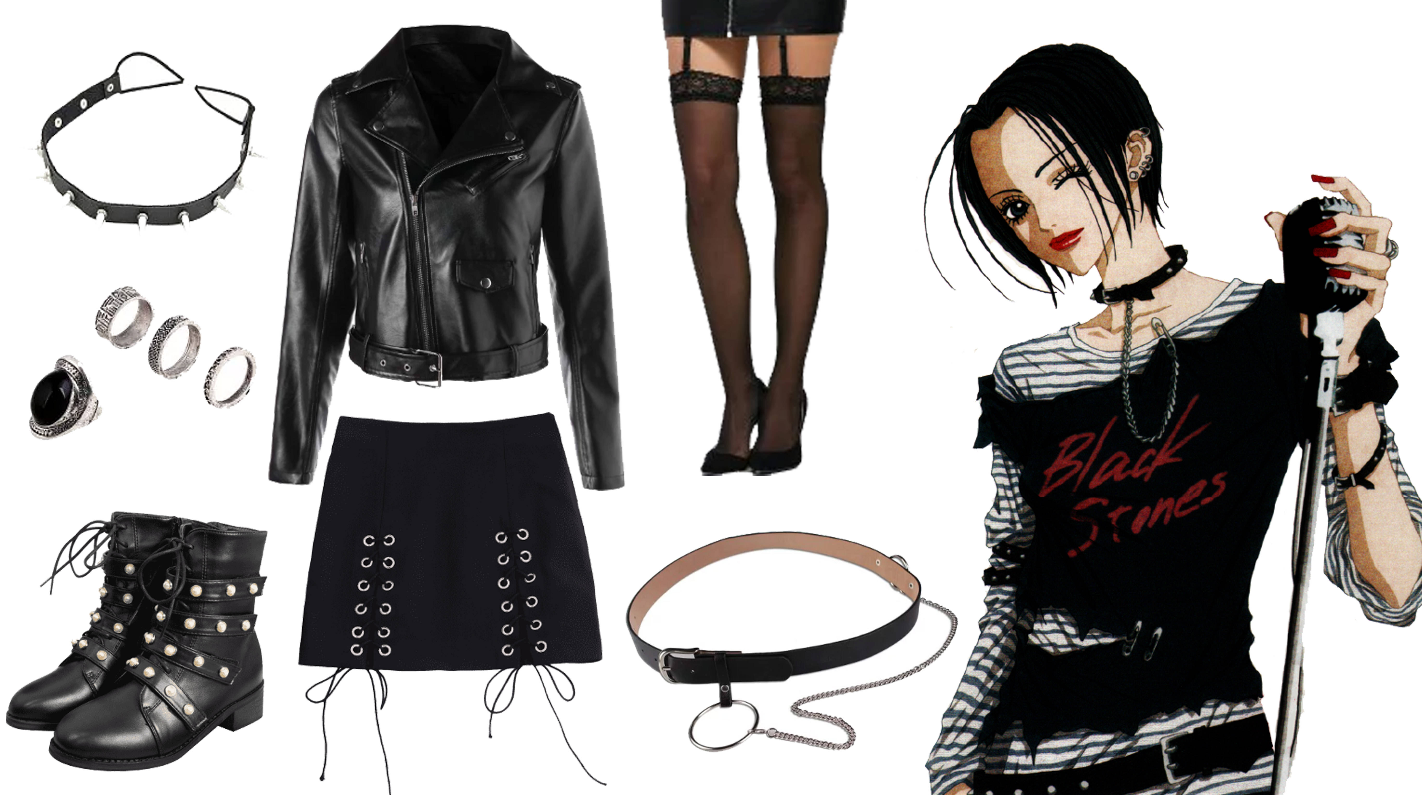 Nana動畫 Nana Osaki 服裝指南 壁紙 — 動畫女孩身穿黑色皮褸和條紋襯衫，手持麥克風，周圍環繞著龐克時尚配飾。
