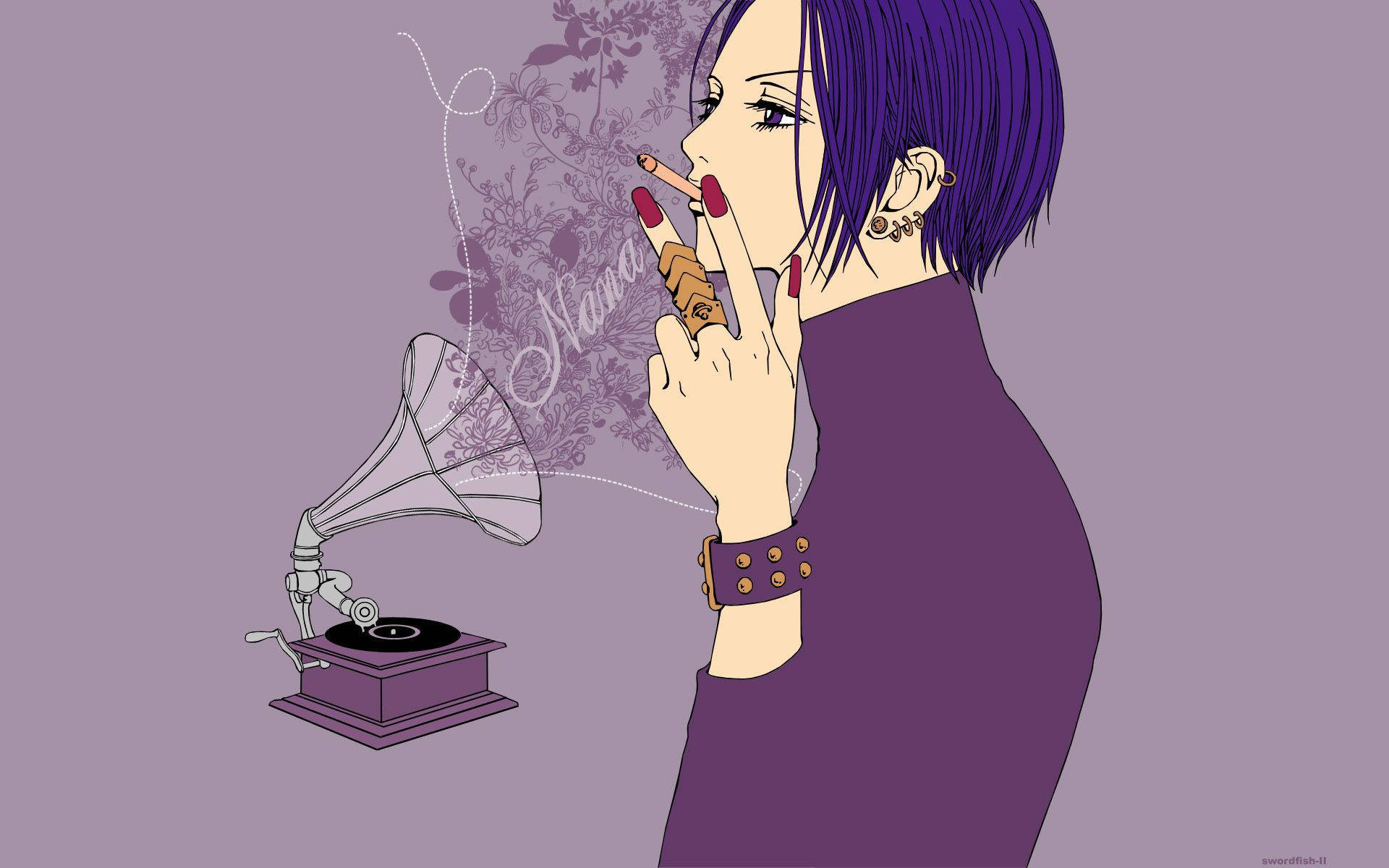 NANA 动画·小松奈奈·旋轉唱片機 壁紙 — 一位紫髮動漫女性穿著紫色連衣裙，站在復古留聲機旁邊抽煙。