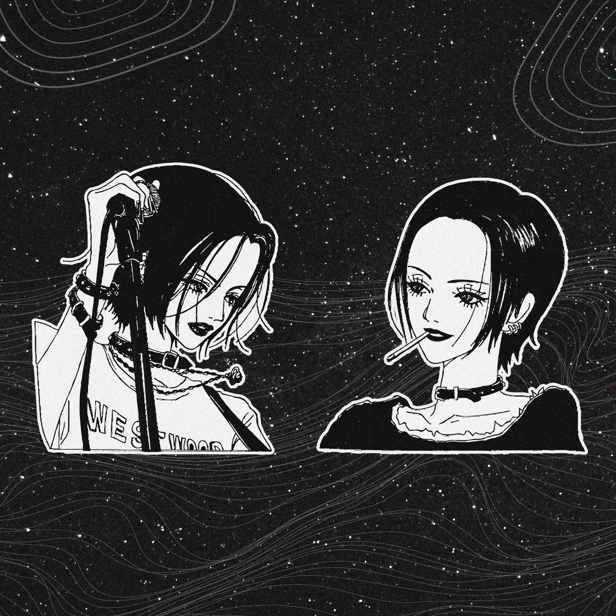 NANA 动画明星·星空版 壁紙 — 兩個風格化的短髮動漫女孩漂浮在星空宇宙虛空中，一個拿著麥克風，另一個在抽煙。