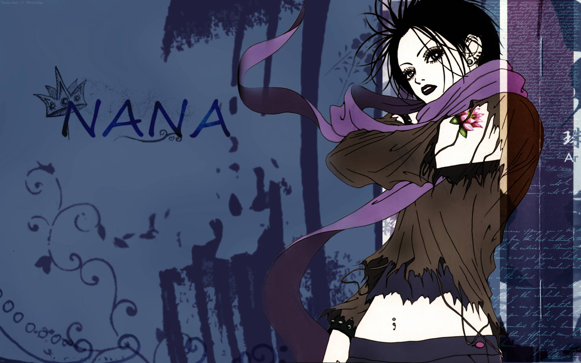 《Nana》動畫中的大崎娜娜 壁紙 — 一個風格化的動漫女孩，黑髮紫圍巾，站在深藍色紋理背景前，上面有NANA字樣。