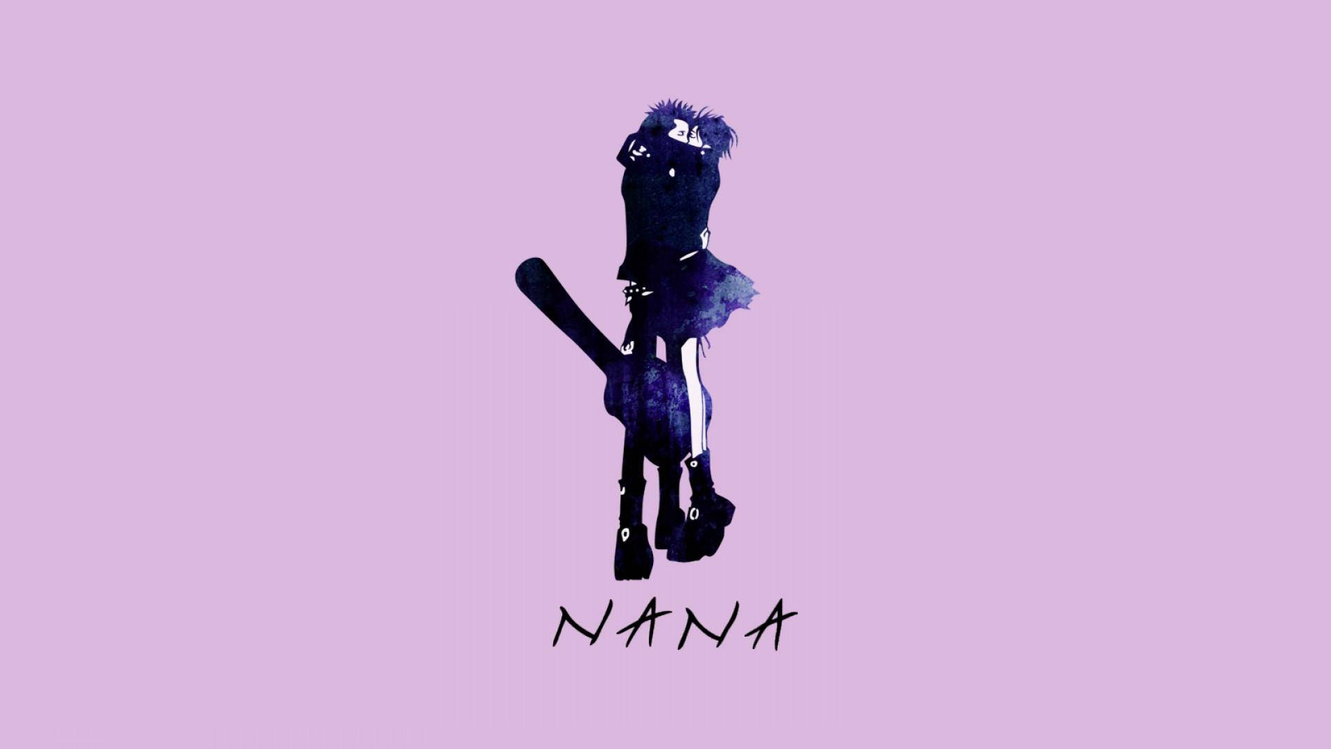 《Nana》動畫紫色主題 壁紙 — 一個風格化的深紫色動漫女孩，有著尖刺頭髮和蝙蝠般的翅膀，站在柔和的薰衣草背景上，下方有NANA字樣。