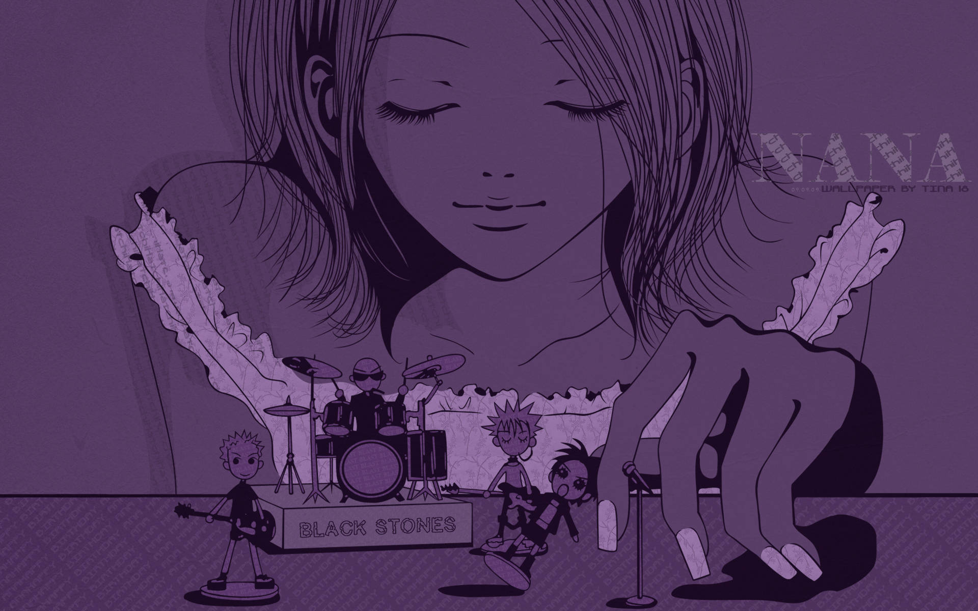 《Nana》動畫角色迷你版 壁紙 — 一幅紫色調的動畫插圖顯示一位閉著眼睛的寧靜女性，上方是名為 Black Stones 的樂隊在表演。
