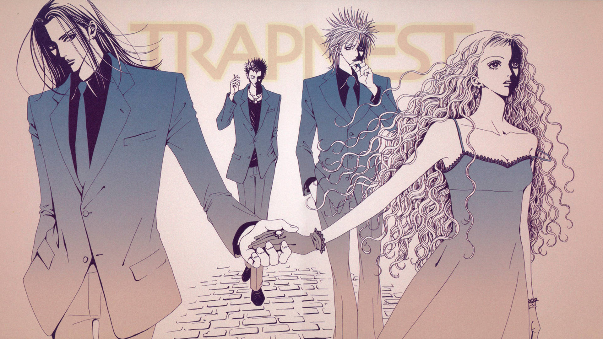 Nana動畫Trapnest樂隊藝術照 壁紙 — 一幅風格化的動漫插圖，描繪一男一女在鵝卵石小徑上牽手，背景中有另外兩個人物。