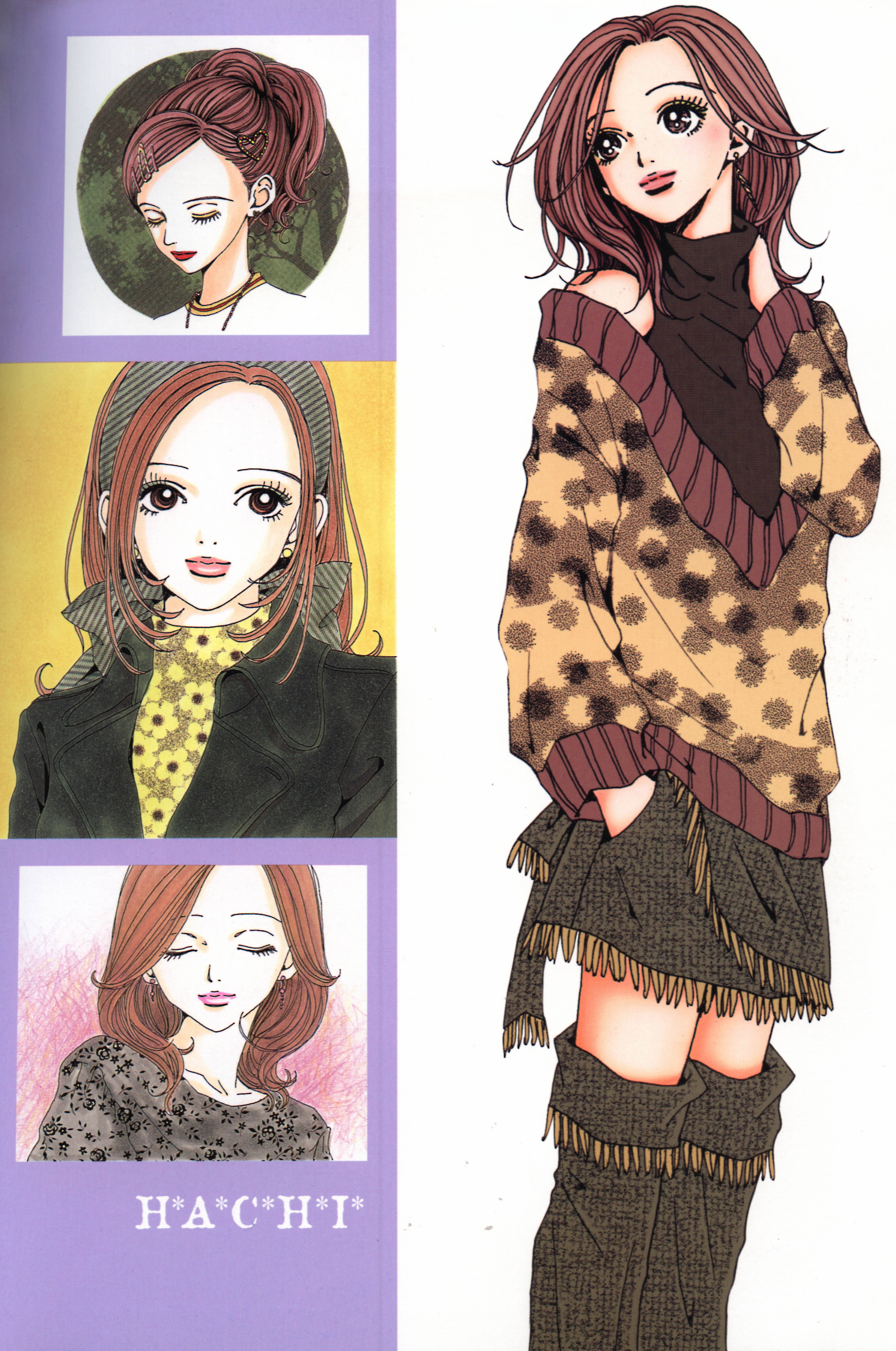 Nana動畫Hachi時尚 壁紙 — 動畫風格插圖，描繪一位棕色頭髮的女性，穿著各種服裝並擺出不同姿勢，背景色彩繽紛。