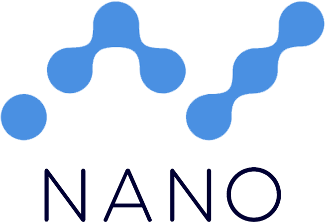 Nano 加密貨幣標誌 壁紙 — 藍色抽象分子形狀漂浮在黑色背景上深藍色的NANO字樣上方。