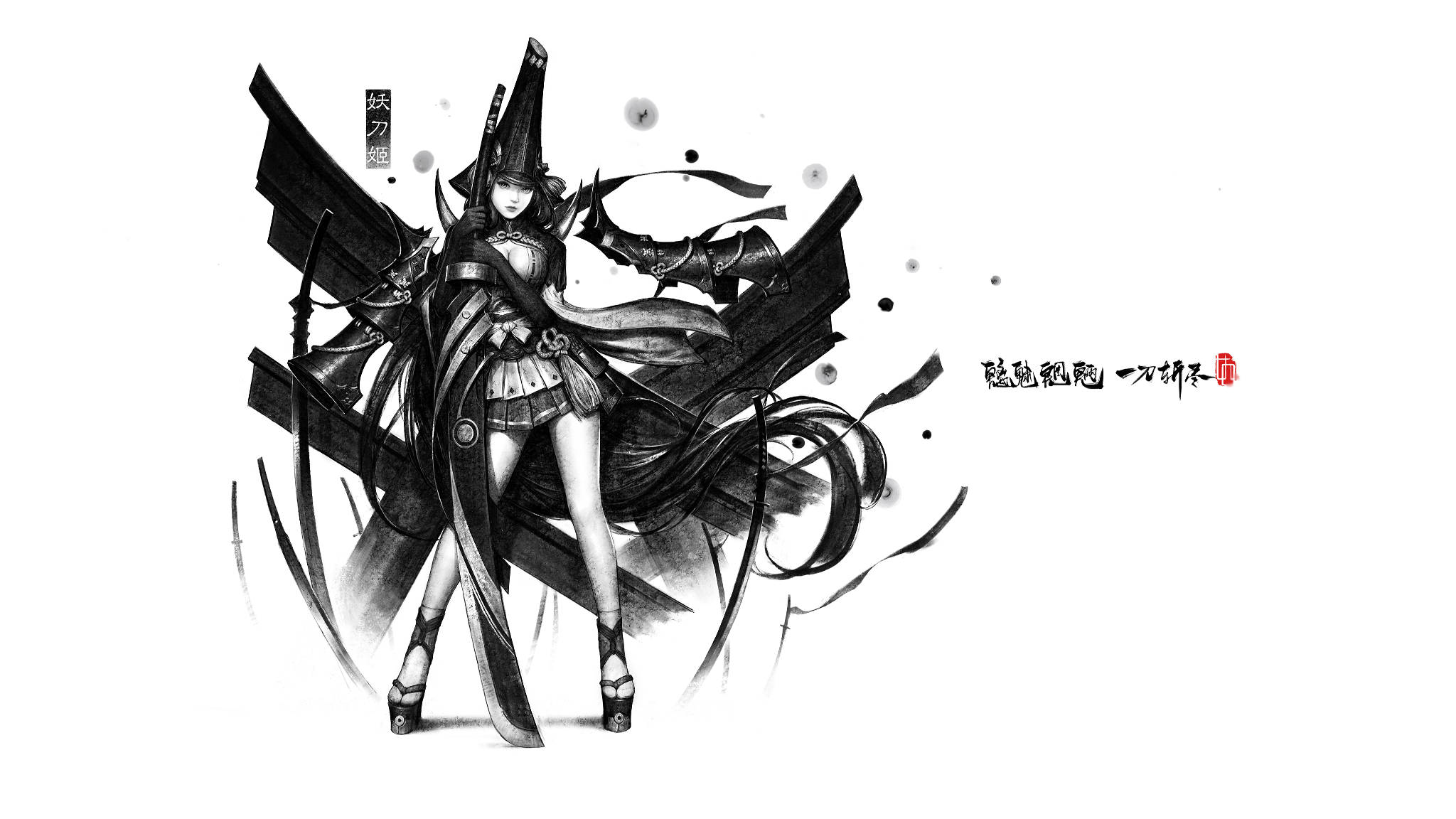 《Naraka：Bladepoint》庫露米黑白畫 壁紙 — 一位動態的黑白動漫女戰士，披著飄逸的斗篷和華麗的盔甲，在純白背景前蓄勢待發。