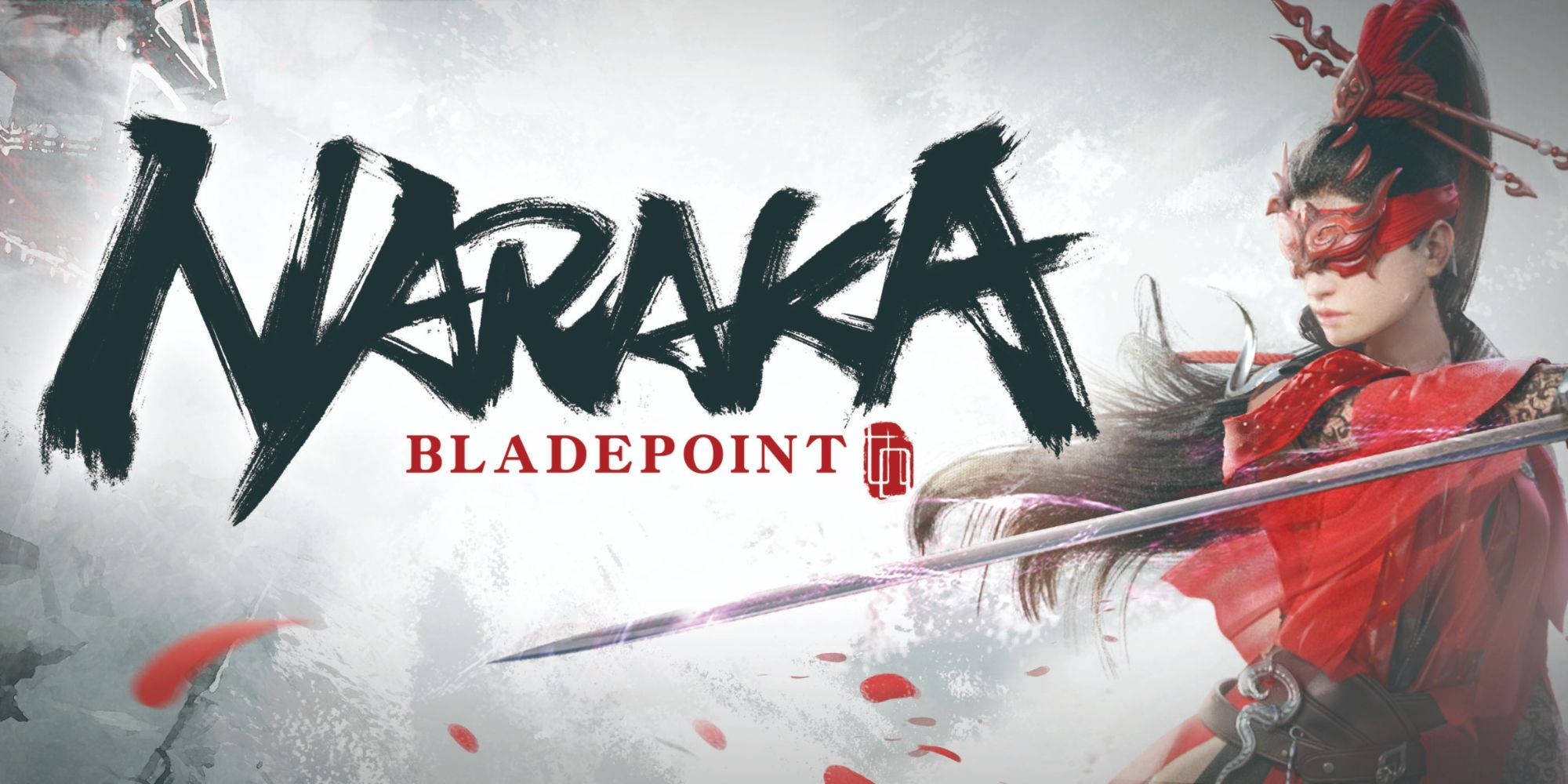 《Naraka：Bladepoint》毒蛇寧漫畫封面 壁紙 — 一名身穿紅色盔甲和面具的戰士在迷霧背景下揮舞劍，遊戲標題 Naraka Bladepoint 以粗體筆觸字體呈現。