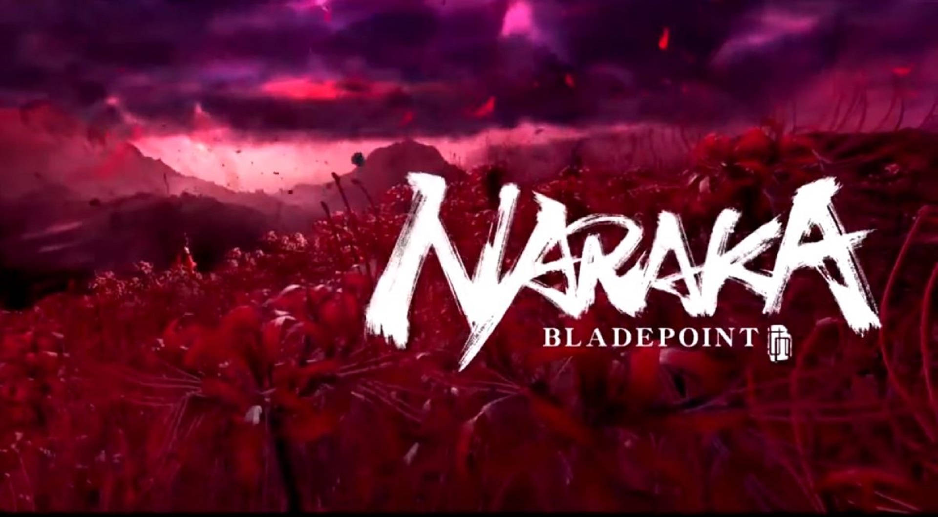 《Naraka：Bladepoint》紅色美學封面 壁紙 — 血紅色的田野，風暴般的紫色天空下，粗體白色標題「NARAKA BLADEPOINT」佔據中心位置。
