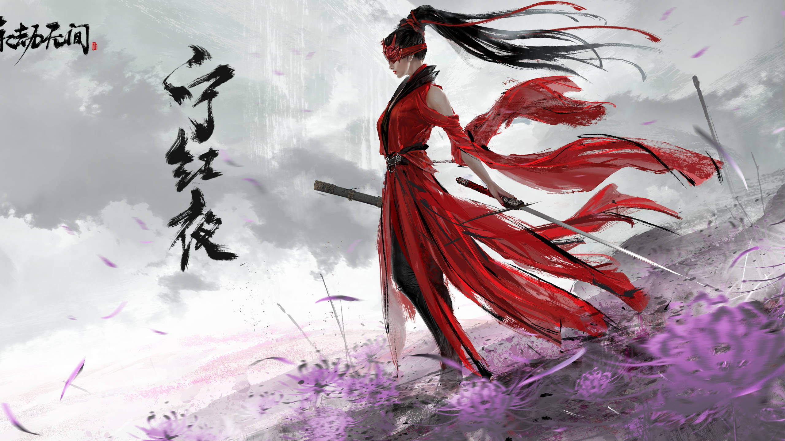 《Naraka：Bladepoint》毒蛇寧繪畫 壁紙 — 一位身穿紅色戰衣、長髮飄逸、手持劍的戰士，站在紫色花朵中，背景是風暴般的灰色天空。