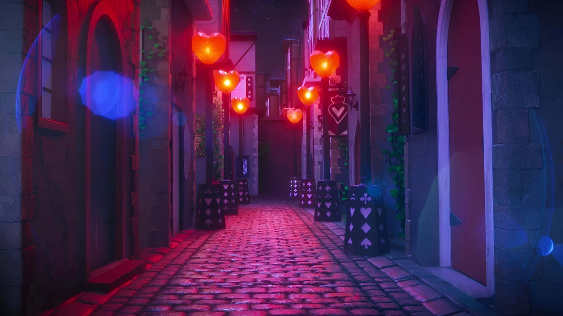  壁紙 — 夜晚一條狹窄的鵝卵石小巷，沐浴在發光的紅色心形燈籠和藍色鏡頭光暈中。