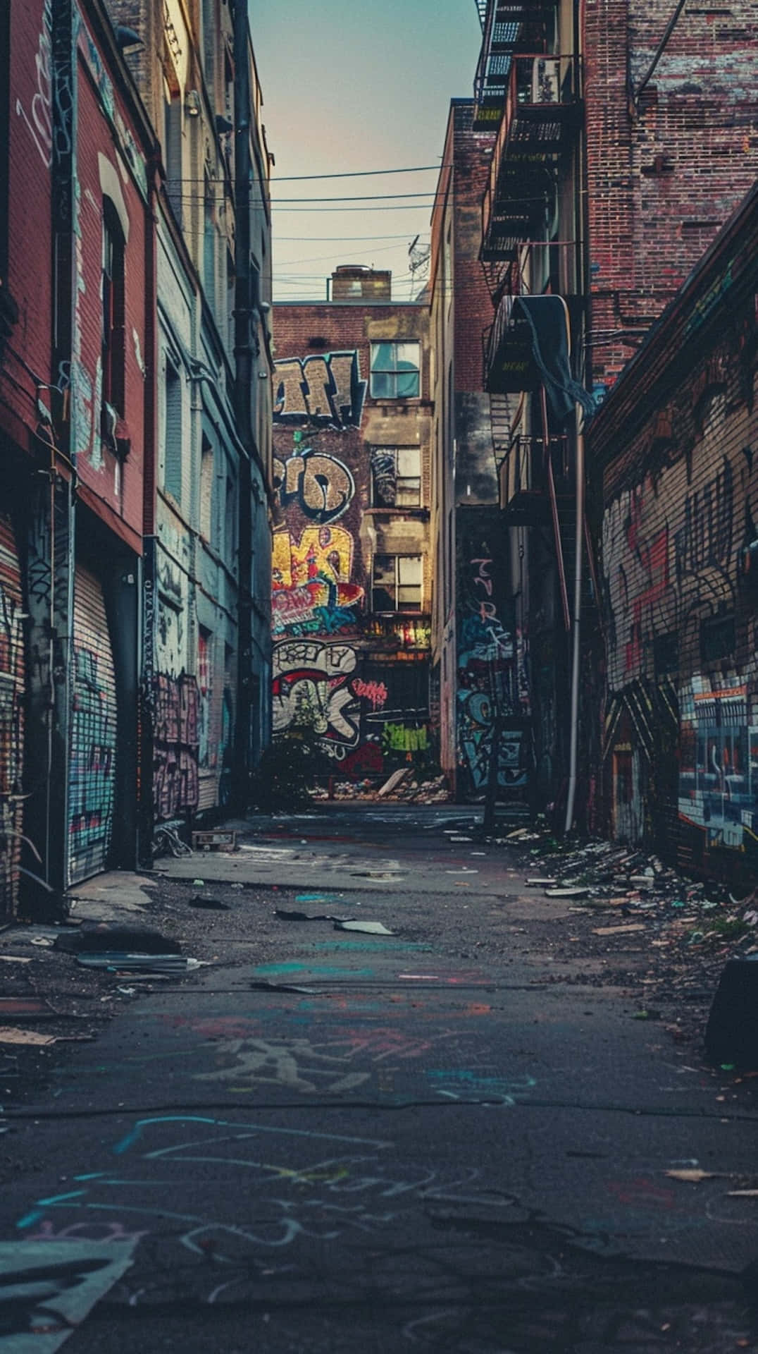  壁紙 — 一條狹窄的城市小巷，兩旁是塗鴉覆蓋的磚砌建築，天空昏暗。