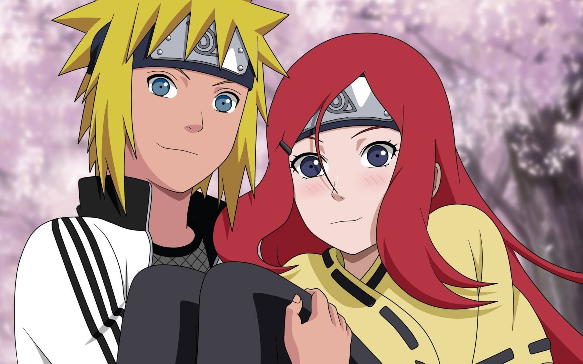 鳴人抱著 Kushina 壁紙 — 動漫角色鳴人和小櫻在柔和的粉紅櫻花下擁抱，場面溫馨。