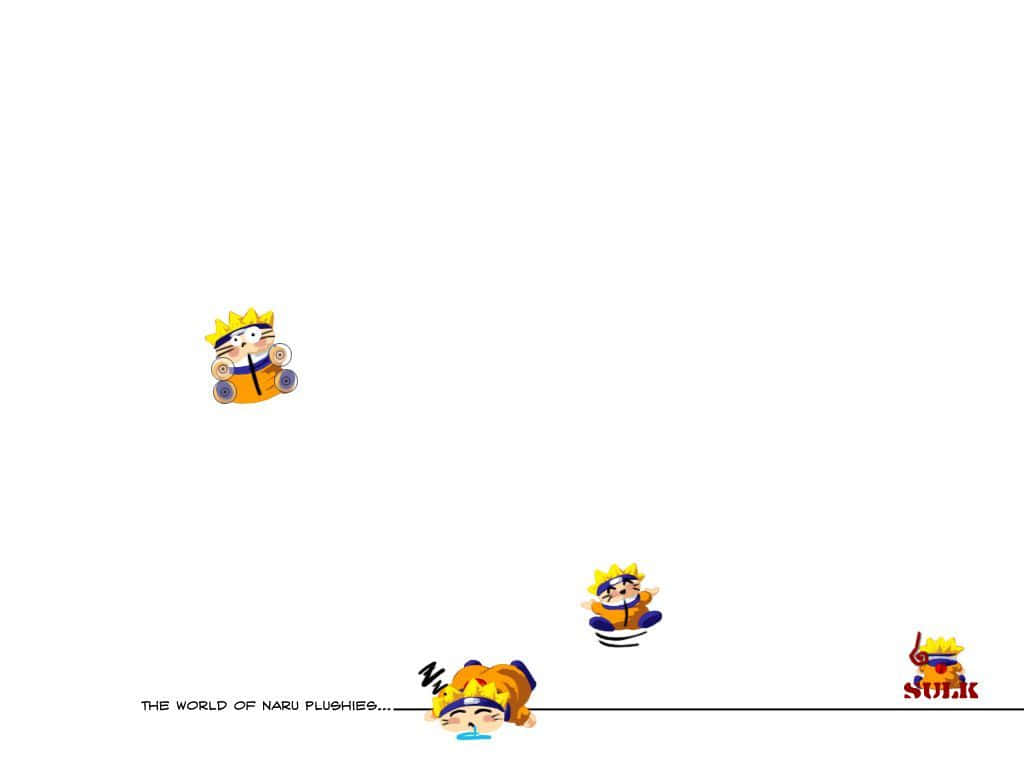 Naruto Chibi 創造可愛過載！ 壁紙 — 三個卡通火影忍者毛絨玩具，穿著橙色連身衣，金髮，坐在或躺在純白色背景上。