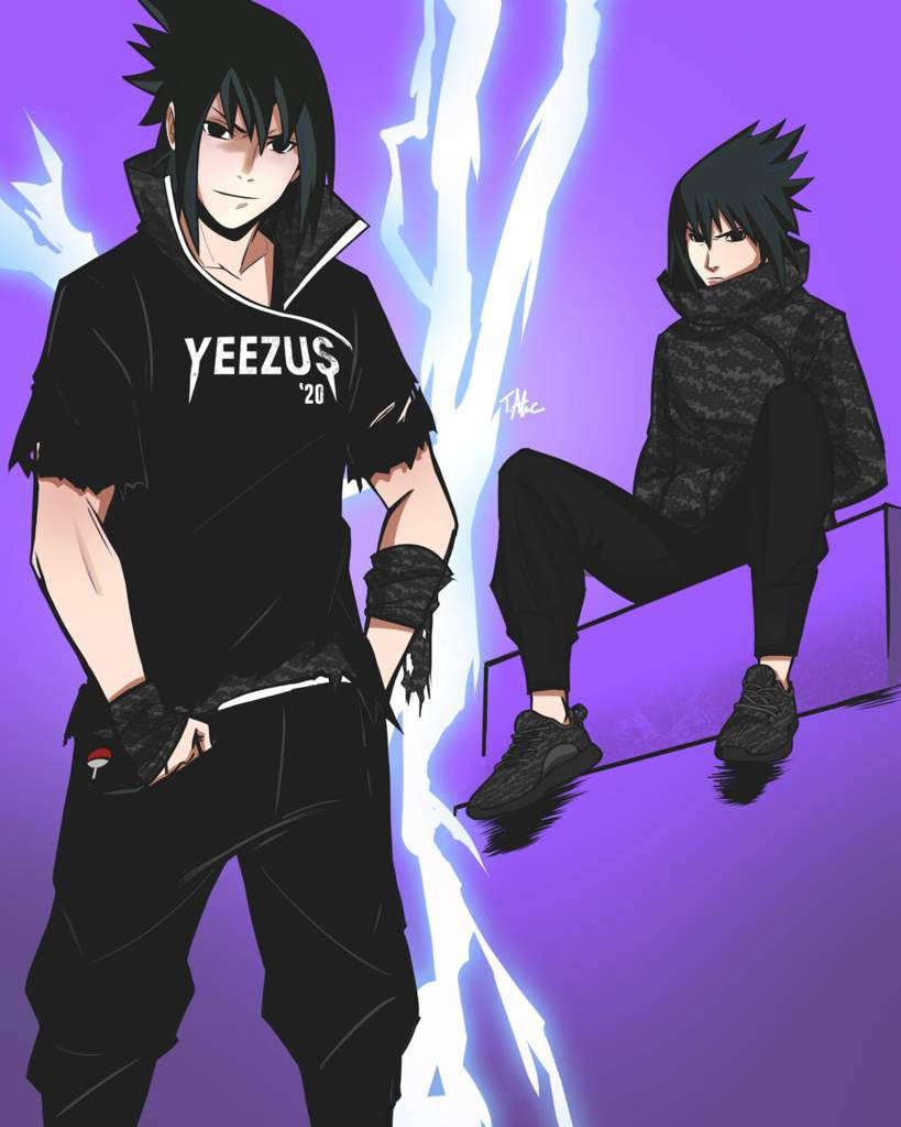 Naruto Drip迷人藝術作品 壁紙 — 兩個動漫角色被發光的閃電分開，站在充滿活力的紫色背景前。