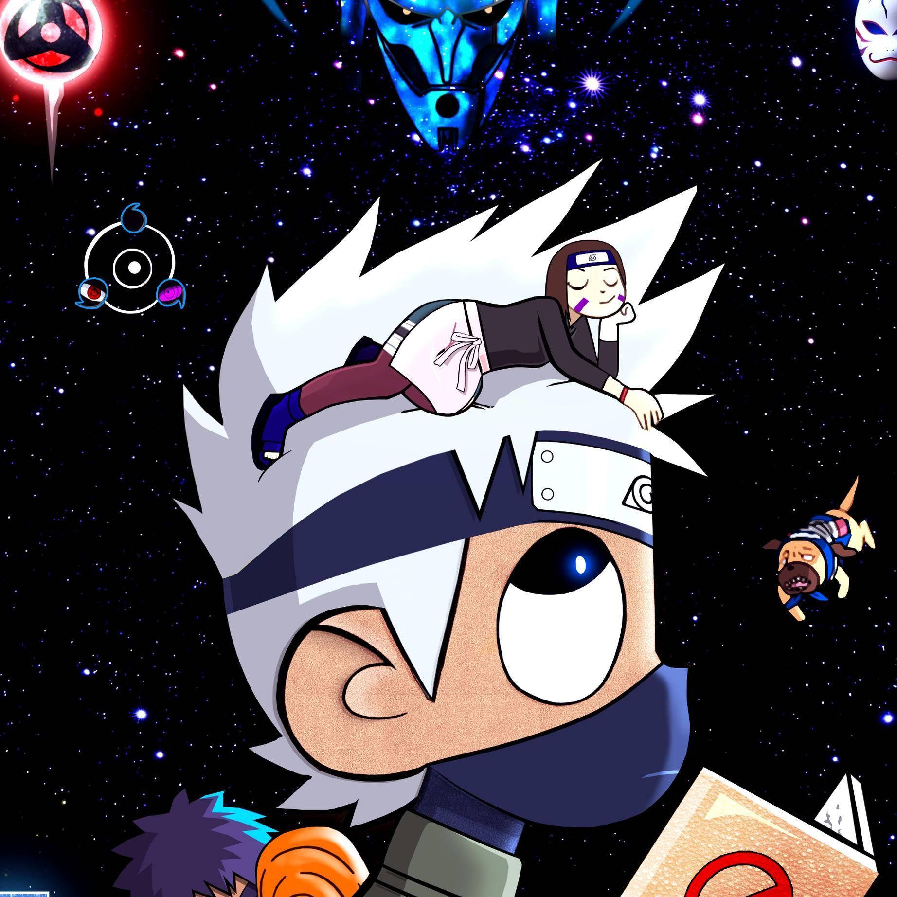 Naruto Drip化身Lil Uzi Vert 壁紙 — 一個白髮戴頭帶的Q版動漫忍者安詳地睡著，一個女孩靠在他頭上，背景是星空宇宙，漂浮著符號和戴面具的人物。