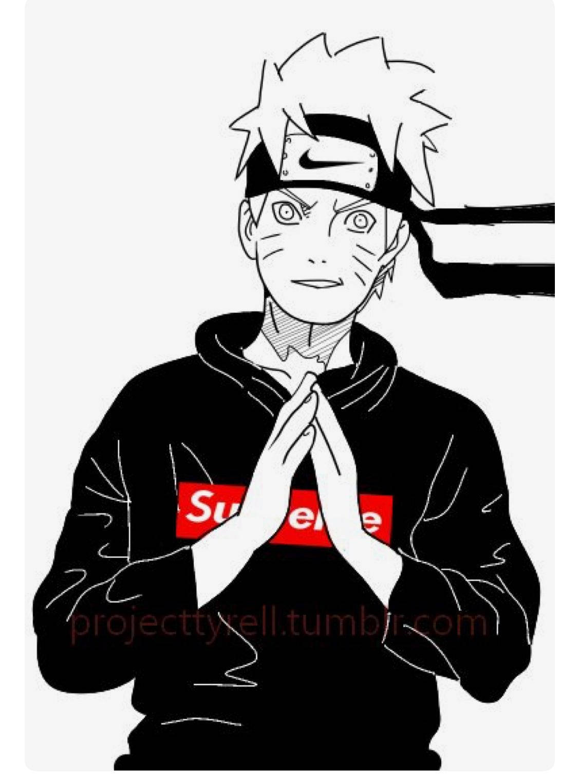 Naruto Drip嘻哈畫作 壁紙 — 動漫角色漩渦鳴人穿著帶有紅色Supreme標誌的黑色連帽衫，在純色背景前雙手合十祈禱。