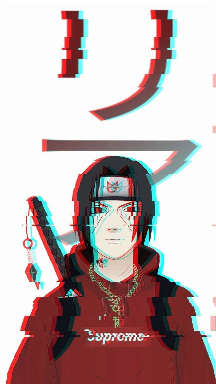 Naruto Drip穿紅色終極戰鬥服 壁紙 — 動漫角色，紅眼睛，戴頭帶，身穿帶有Supreme標誌的紅色連帽衫，處於故障風格的紅色和青色失真中。