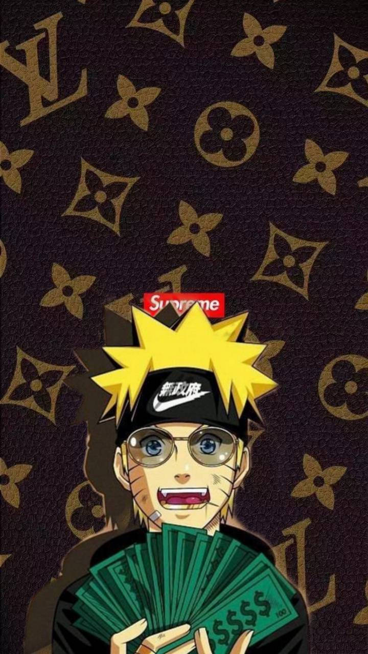Naruto Drip緊握大筆現金 壁紙 — 動漫角色鳴人喺深啡色LV圖案背景前，手持扇形展開嘅綠色鈔票，背景上有Supreme同Nike標誌。