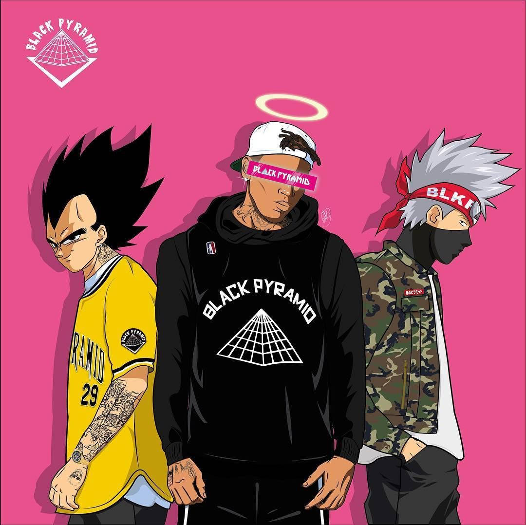 Naruto Drip身穿Black Pyramid品牌服飾 壁紙 — 三個風格化的動漫角色穿著街頭服飾，站在充滿活力的粉紅色背景前，中央角色上方有一個發光的光環。
